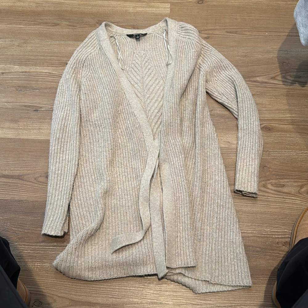 Open front long cardigan with tie at waist